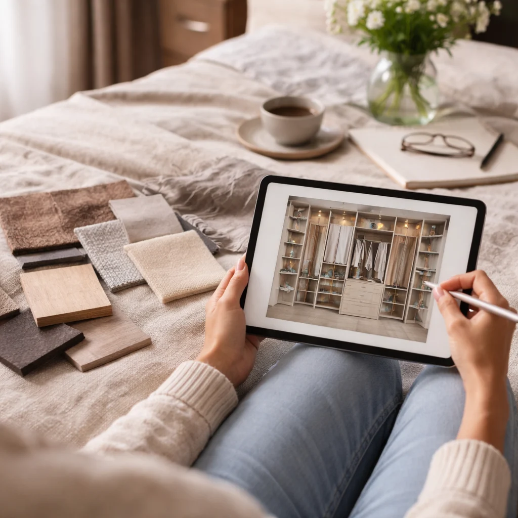 Homeowner planning a walk-in closet on a tablet in a bedroom