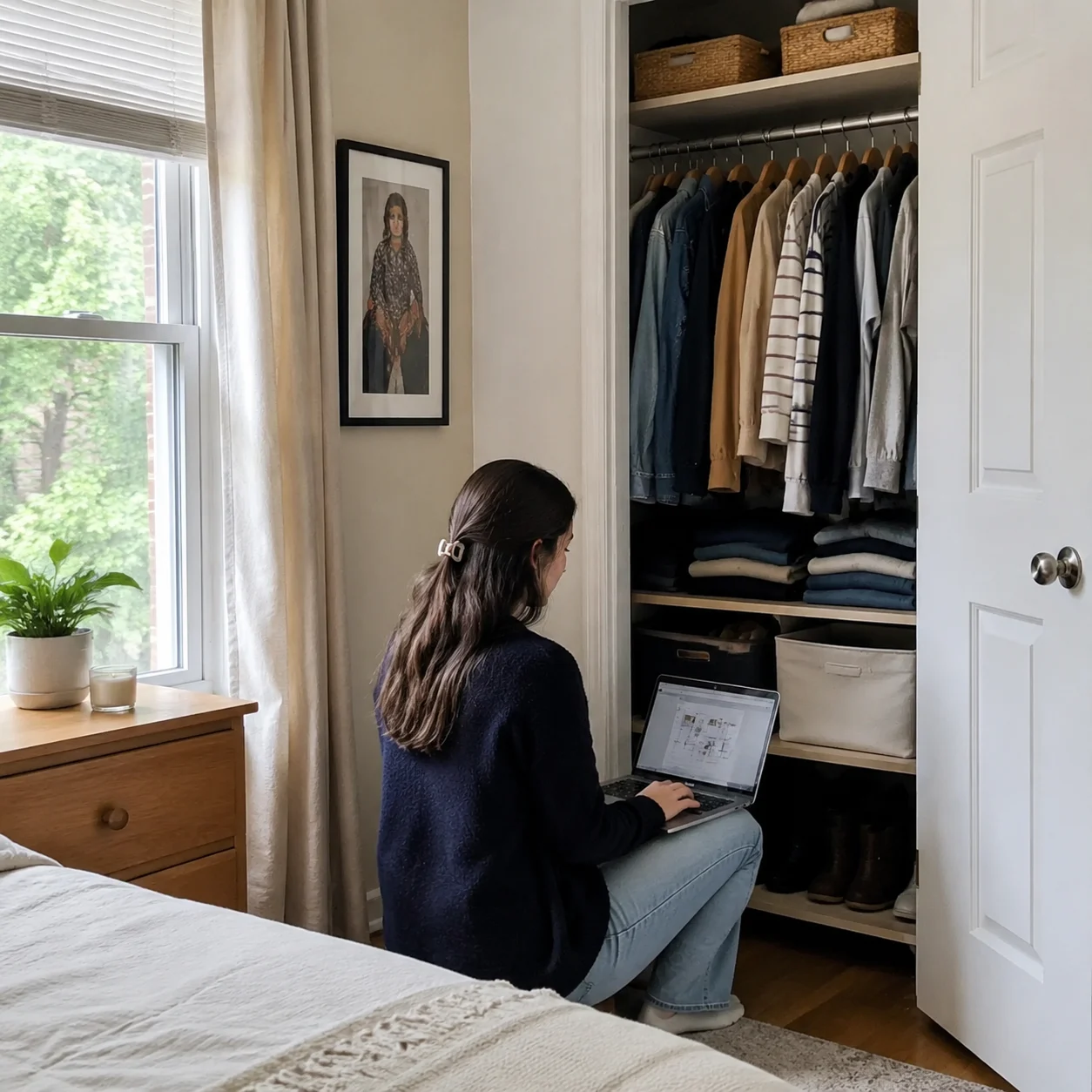 Renter optimizing a small reach-in wardrobe on a laptop
