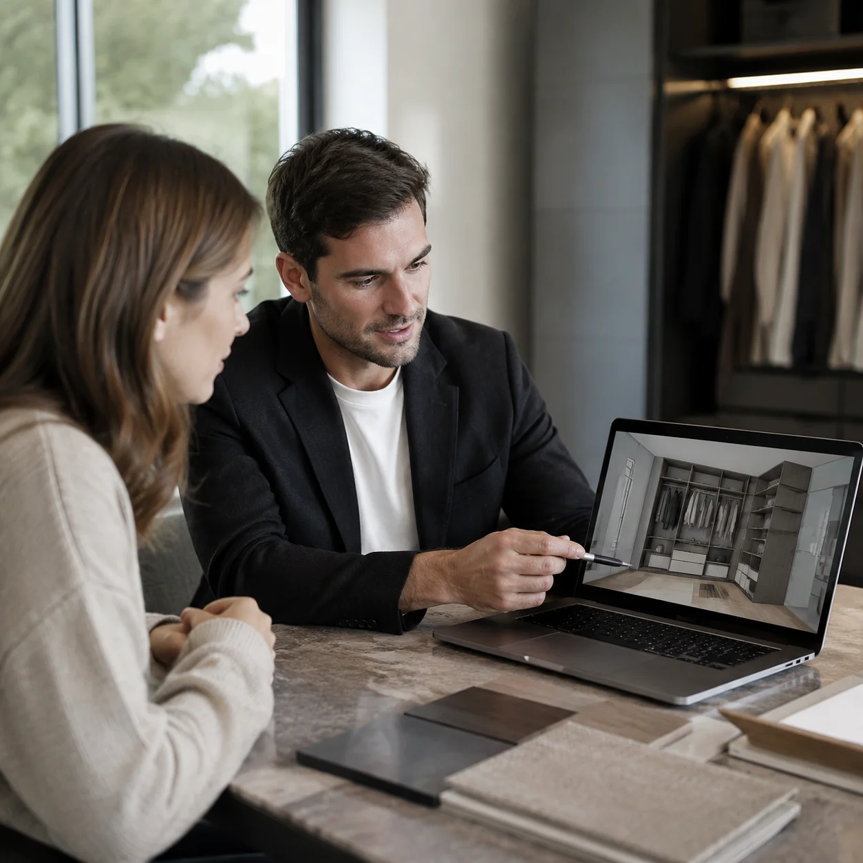 Closet fitter presenting a wardrobe design render to a client on a laptop