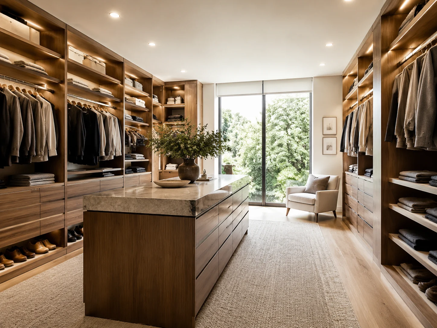 Walk-in closet design with island and organized open shelving