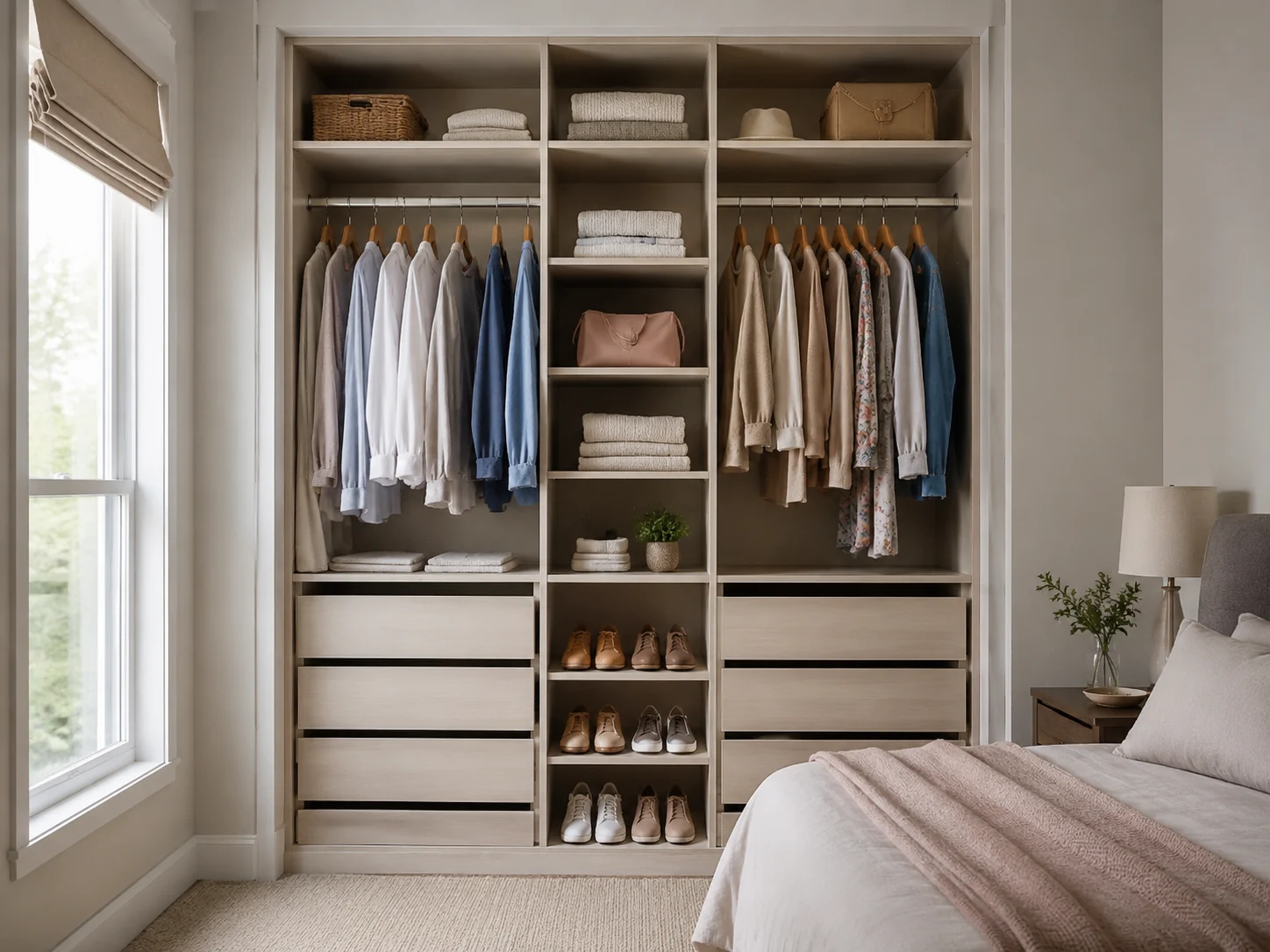 Compact wardrobe with optimized internal shelves, rails, and drawers