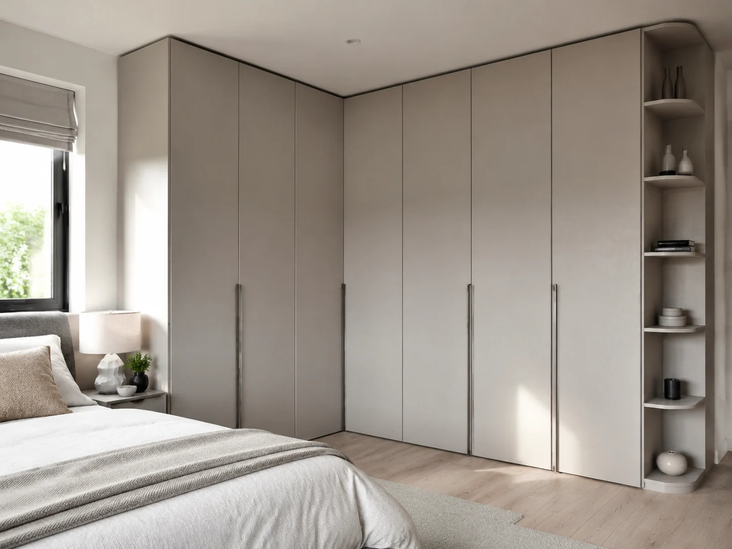 L-shape corner wardrobe layout wrapping a bedroom corner