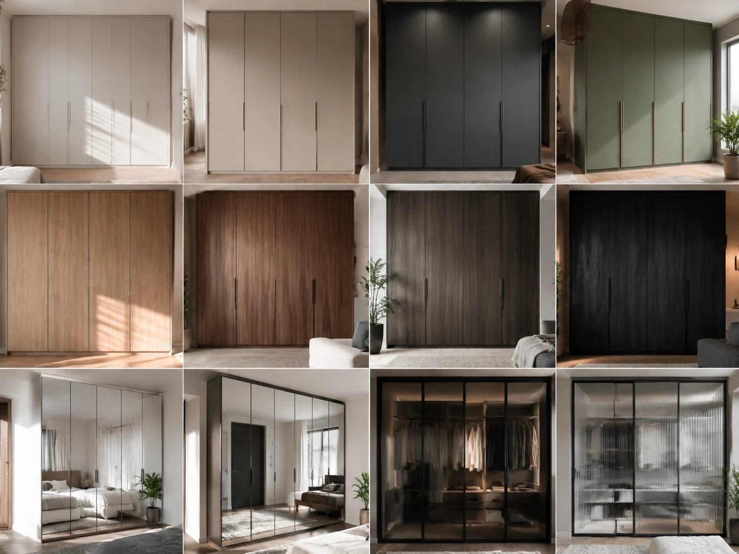 Grid of wardrobe door and finish styles including matte, woodgrain, and mirrored