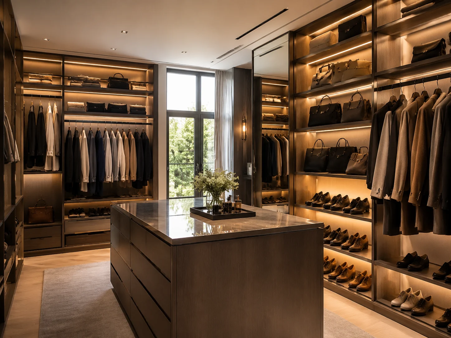 Walk-in closet design with island, backlit shelving, and hanging rails