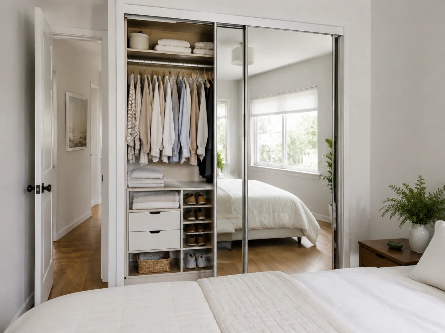Small-bedroom wardrobe design with sliding mirrored doors and smart organizers