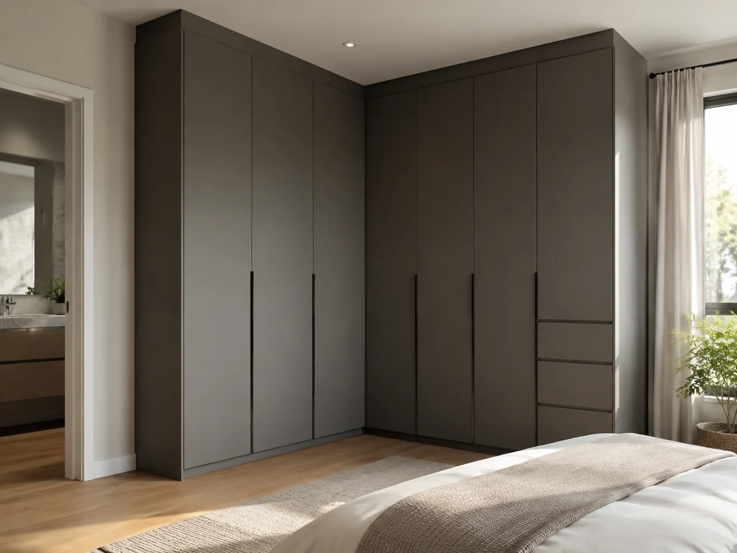 L-shape corner wardrobe design with floor-to-ceiling matte cabinetry