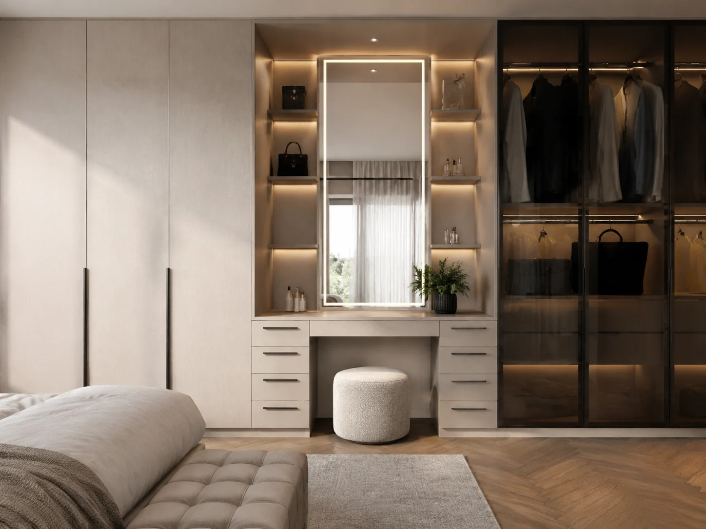 Fitted wardrobe with integrated dressing table and lit mirror