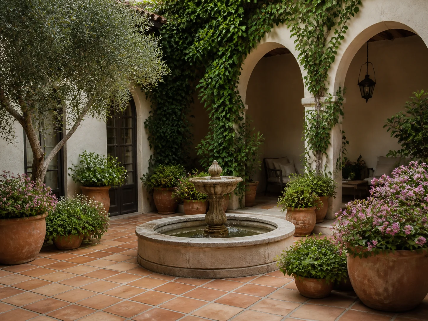 Mediterranean courtyard with terracotta tile and fountain