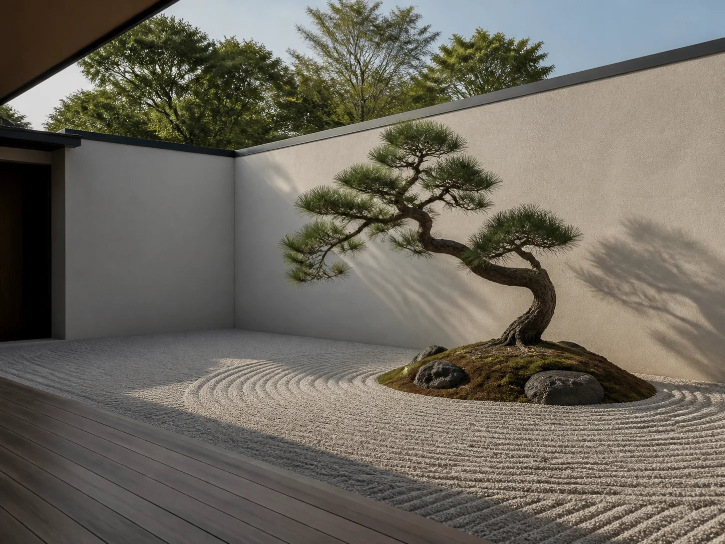Zen courtyard garden with raked gravel and sculptural tree