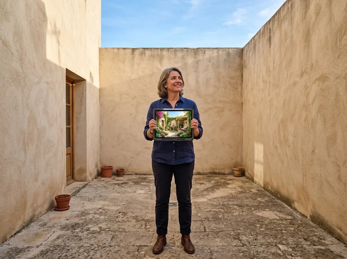 Hausbesitzer steht in einem leeren Innenhof und hält ein Tablet mit AI Courtyard Design