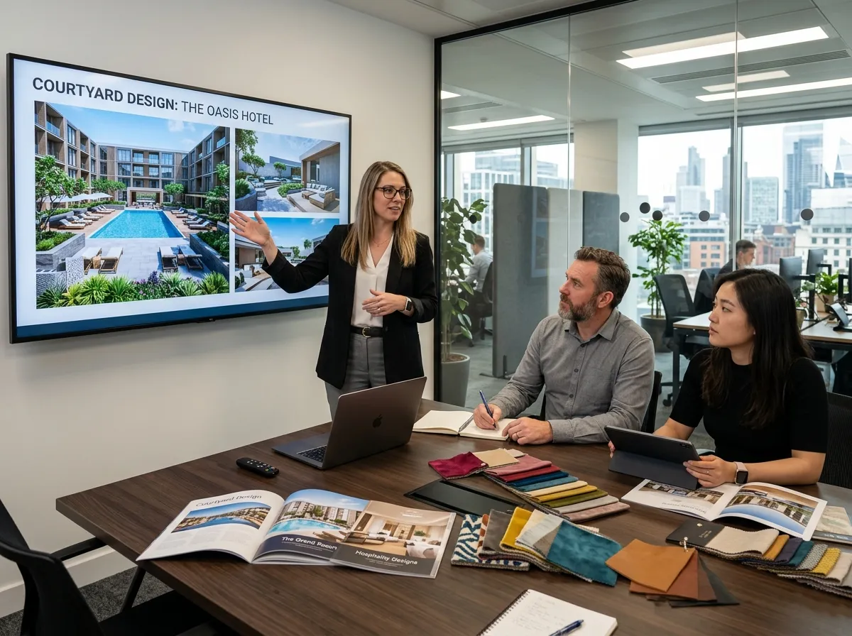 Designer überprüft AI Courtyard Design Konzepte für ein Hotelprojekt auf einem großen Bildschirm