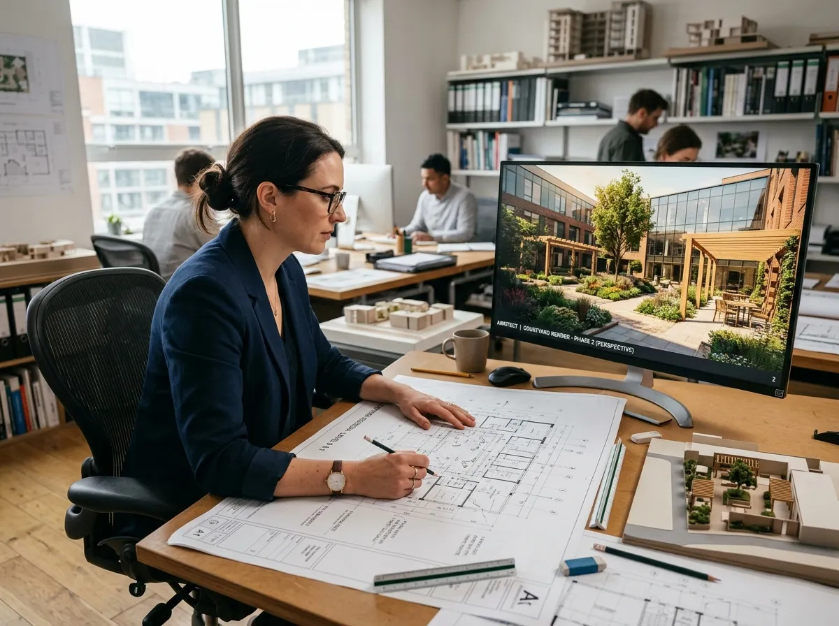 Architekt überprüft AI Courtyard Design Pläne neben Bauzeichnungen am Schreibtisch