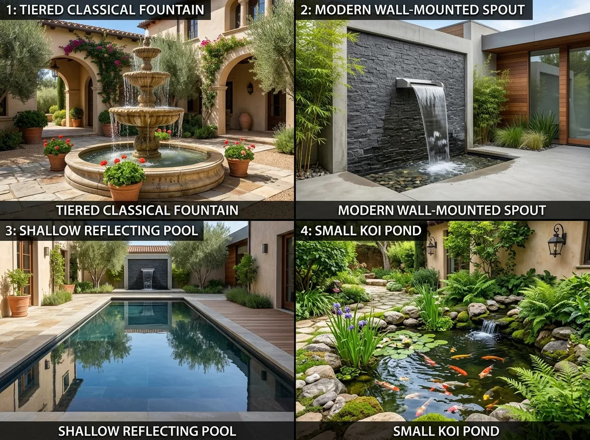 AI Courtyard Design mit steinernem Etagenbrunnen als zentrales Element