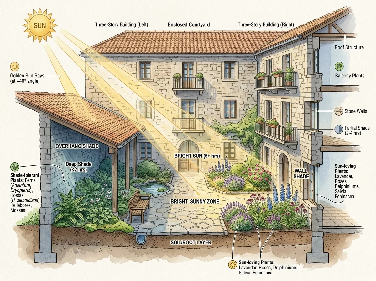 AI Courtyard Design zeigt optimierte Pflanzenplatzierung basierend auf Lichtanalyse