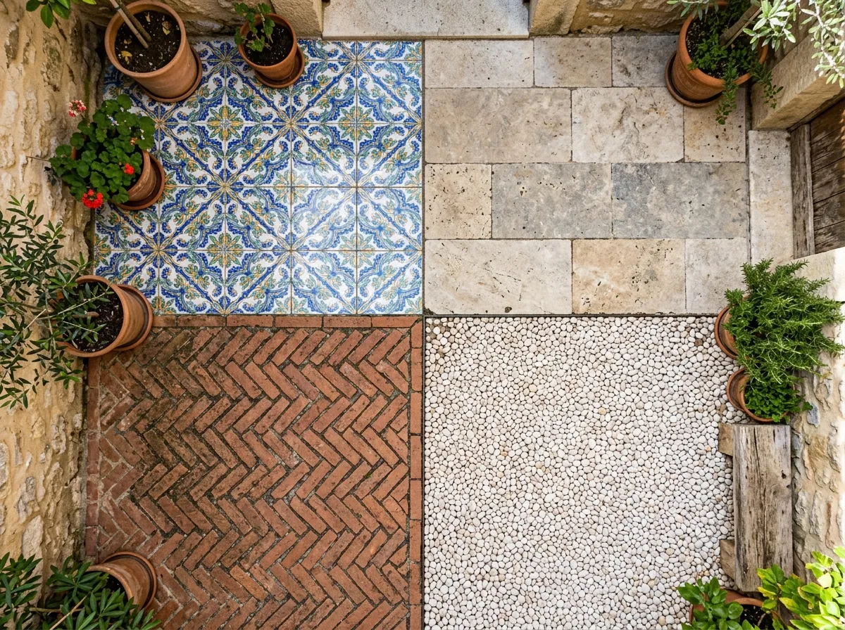 AI Courtyard Design Materialvergleich mit Fliesen, Stein und Ziegel