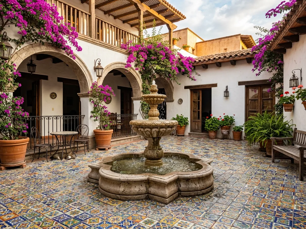Spanisches Kolonial-AI Courtyard Design mit Fliesenboden und zentralem Brunnen