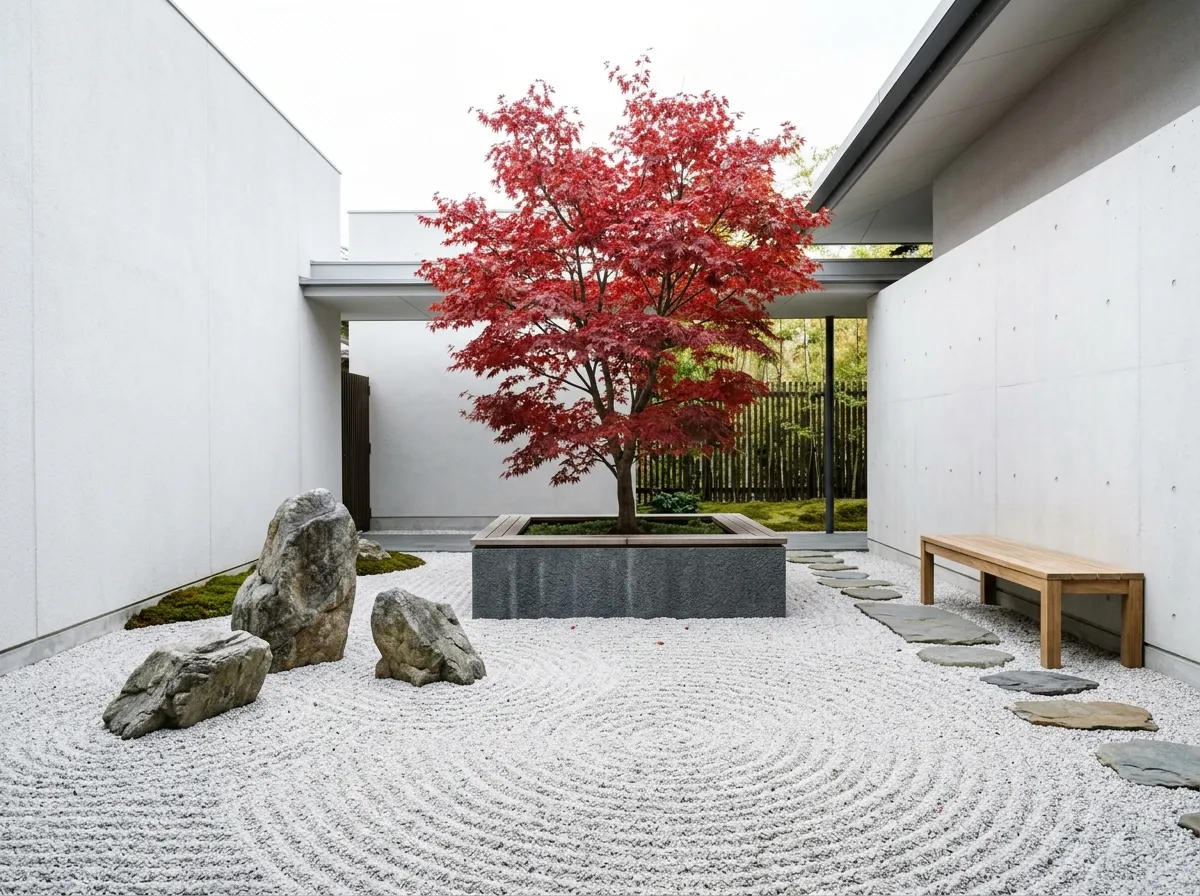 Modernes Zen-AI Courtyard Design mit geharktem Kies und skulpturalen Steinen