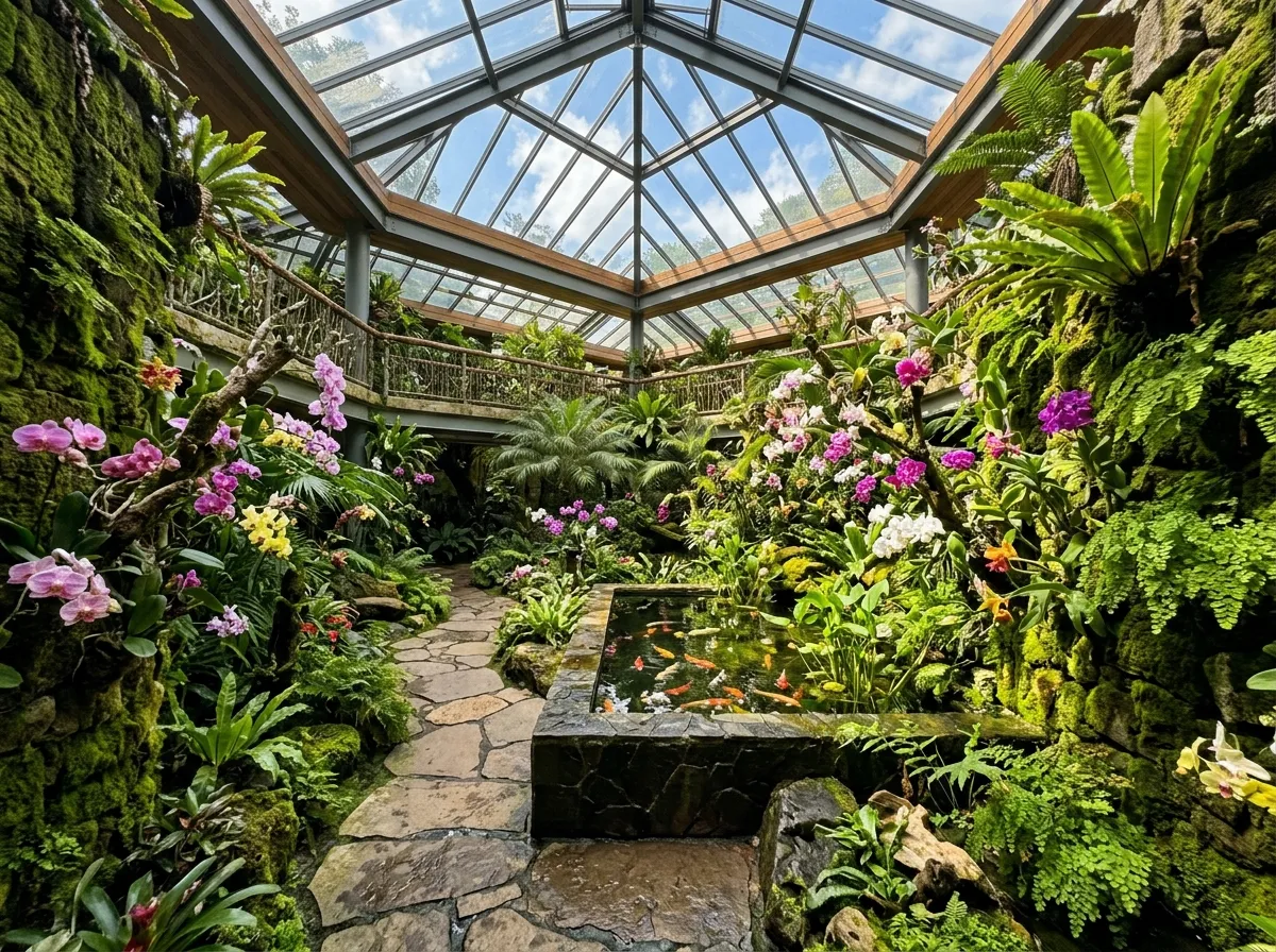 Tropisches Atrium-AI Courtyard Design mit Koi-Teich und üppigem Grün