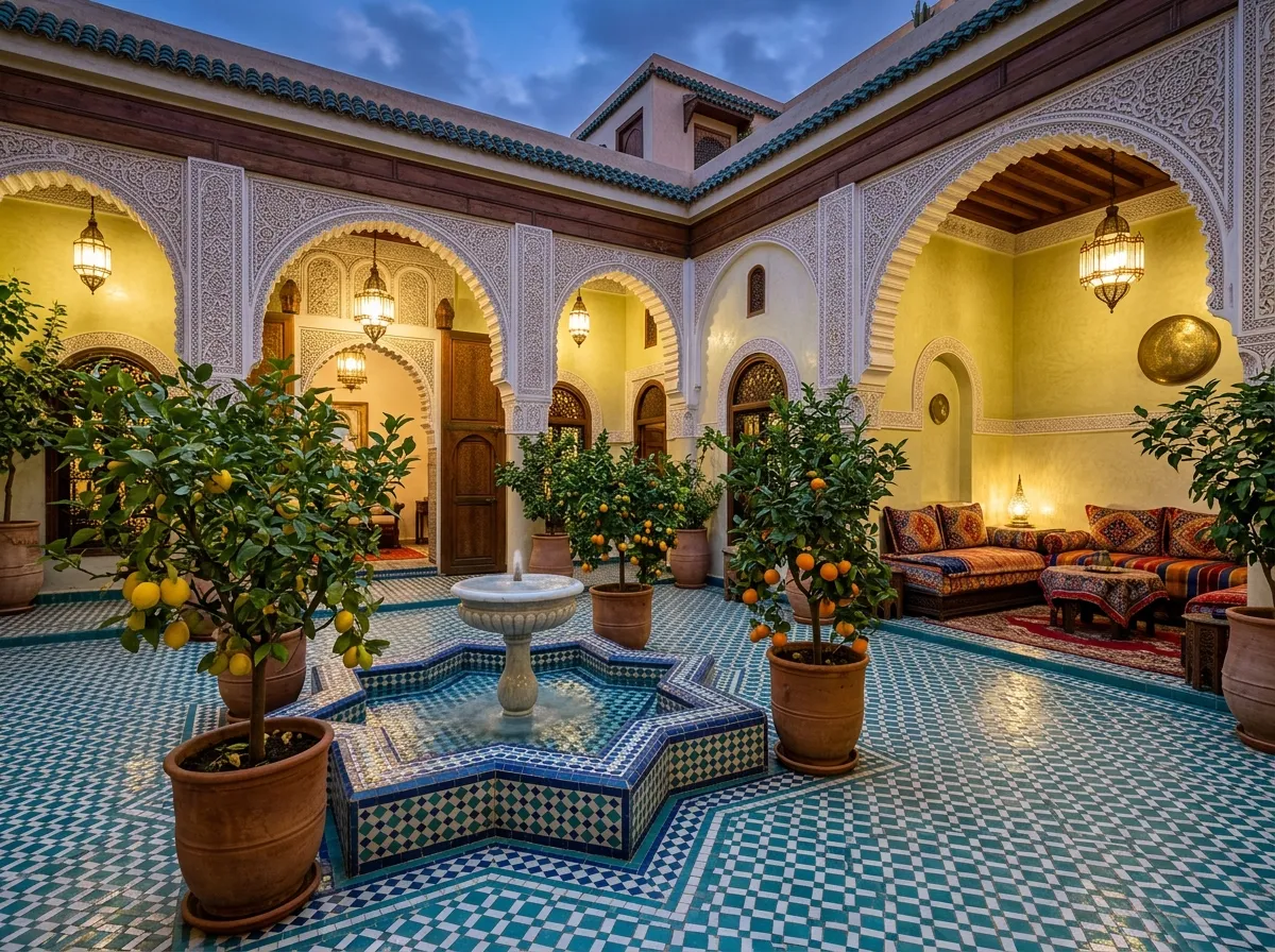Marokkanisch inspiriertes AI Courtyard Design mit Mosaikfliesen und Sternbrunnen