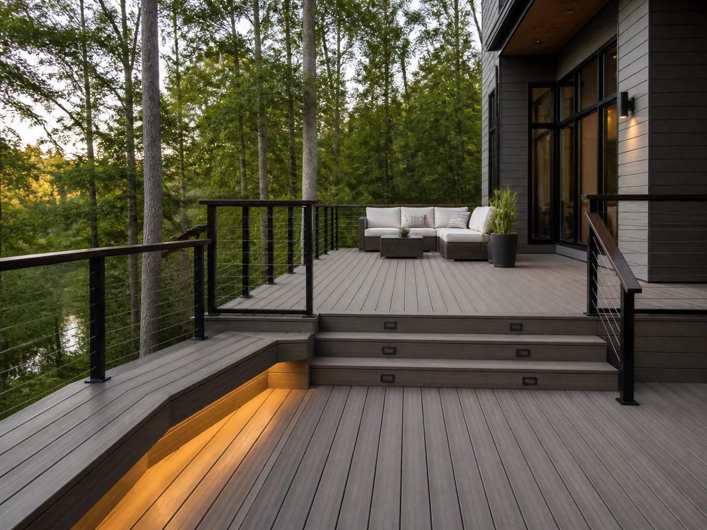 Modern multi-level deck with cable railing and built-in bench