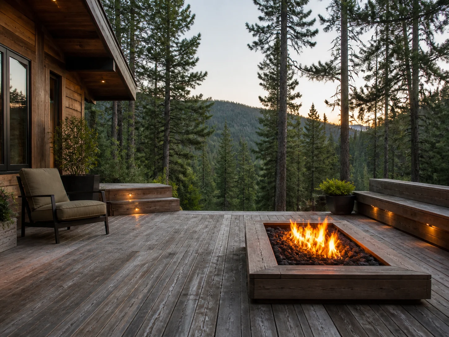 Rustic wood deck with weathered timber and fire feature