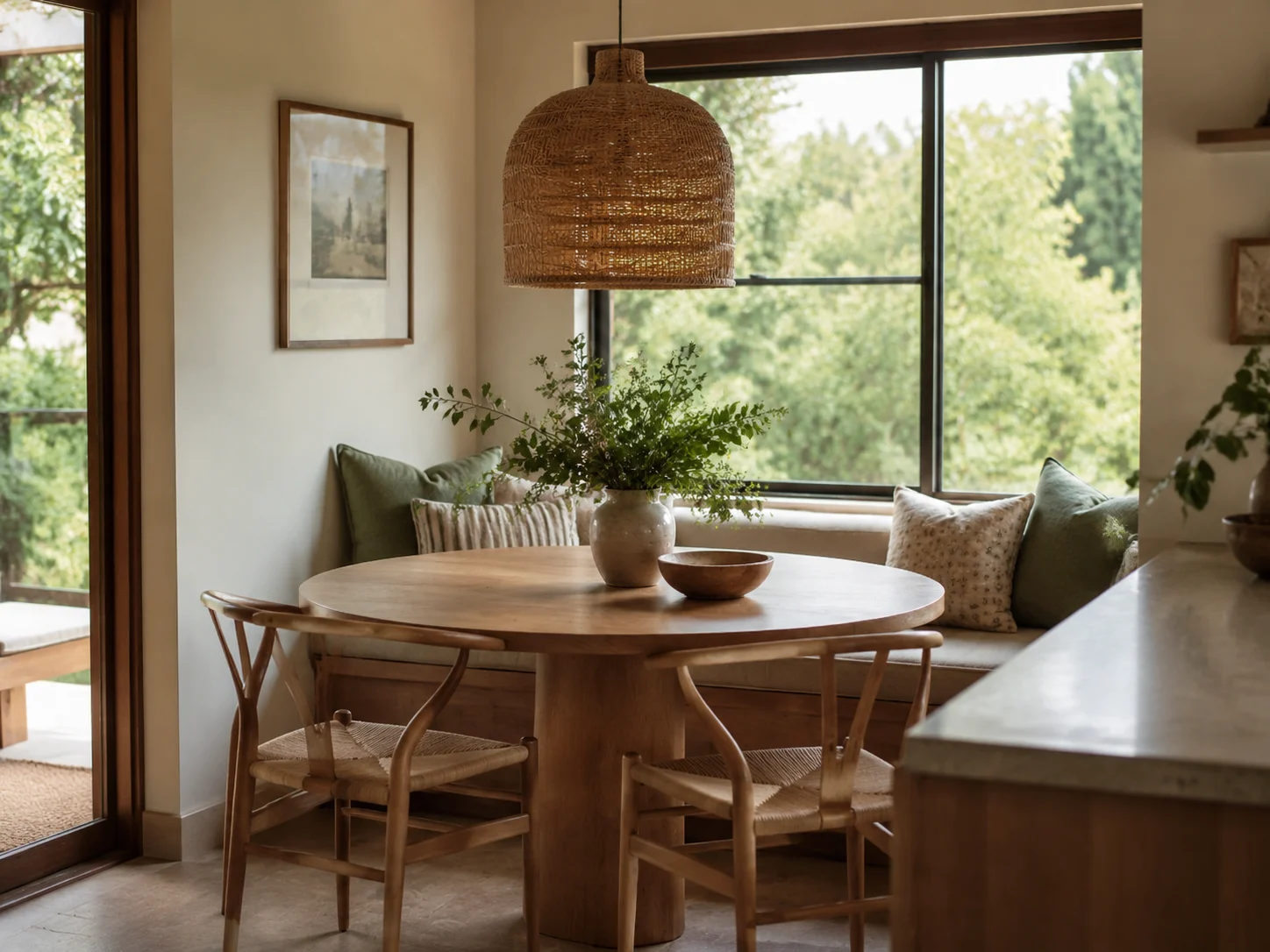 Coin repas cosy avec table ronde en chêne et suspension tressée