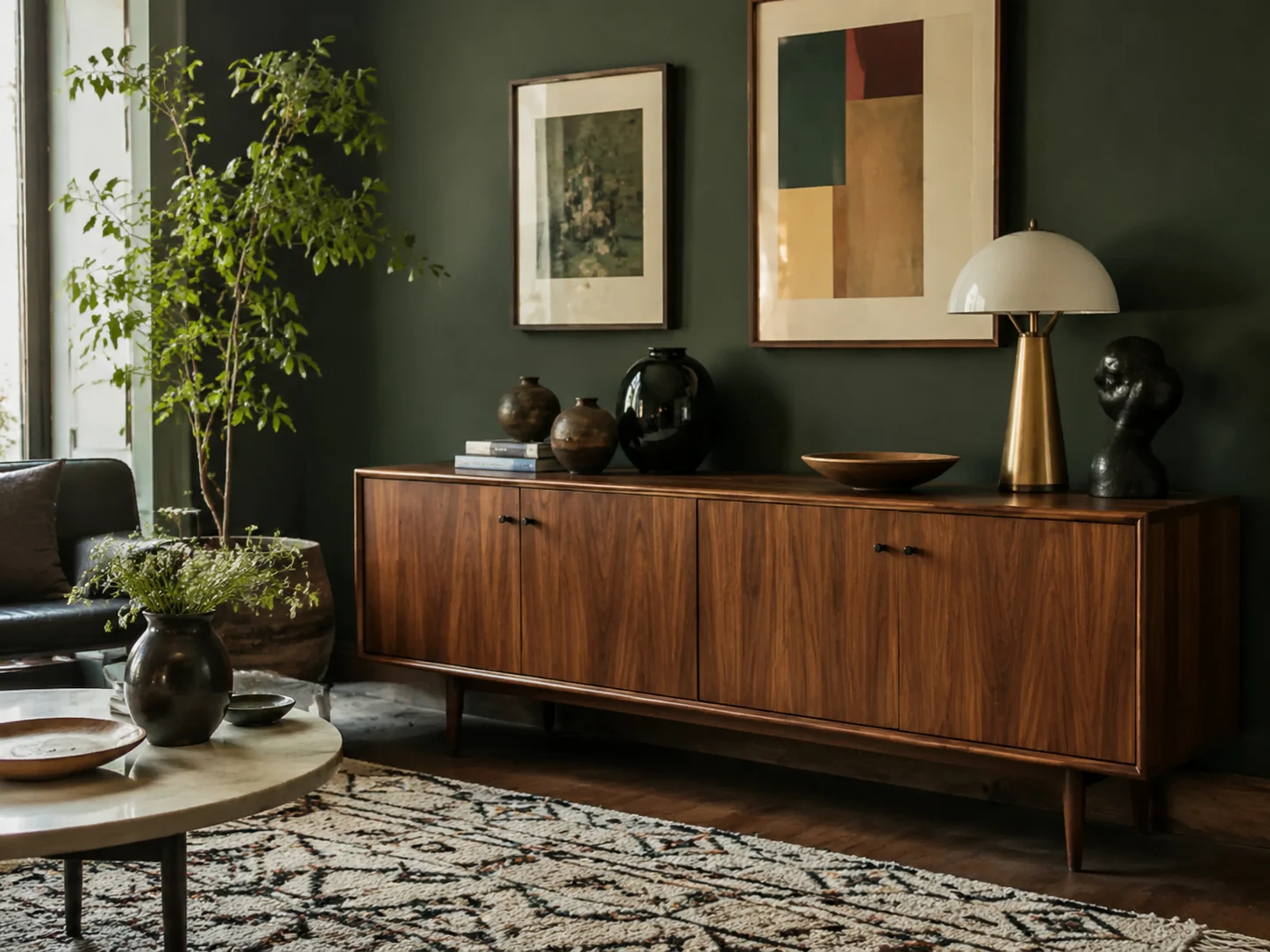 Vignette de style intérieur éclectique avec enfilade mid-century et mur de cadres
