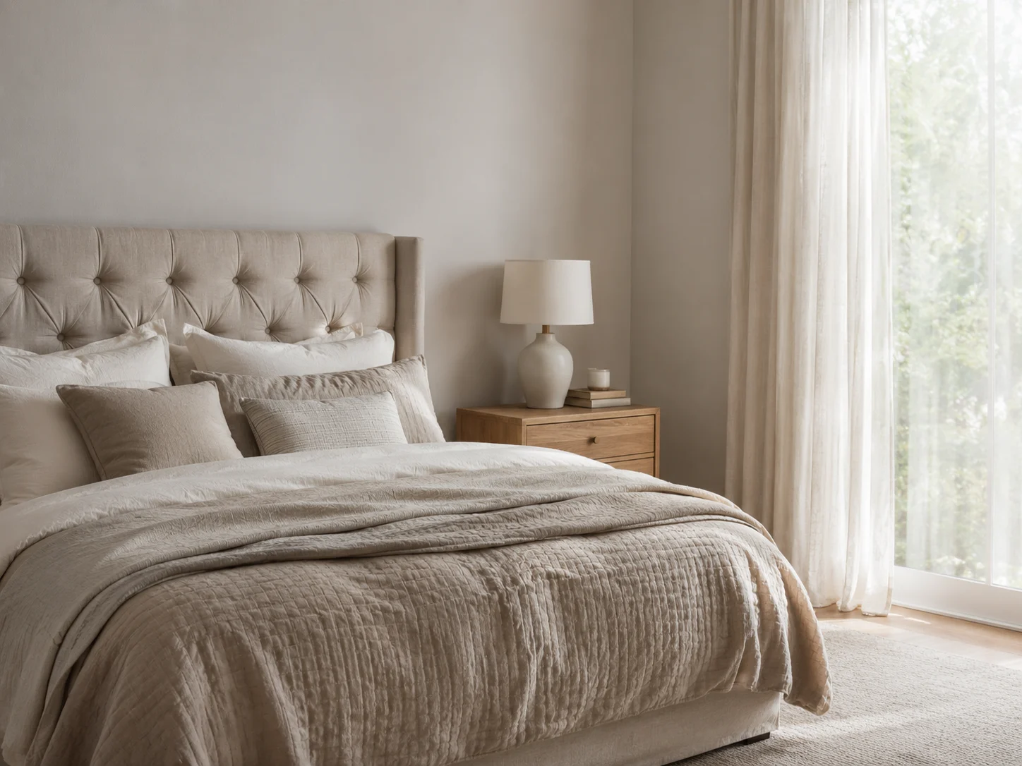 Chambre minimaliste sereine avec literie neutre en couches