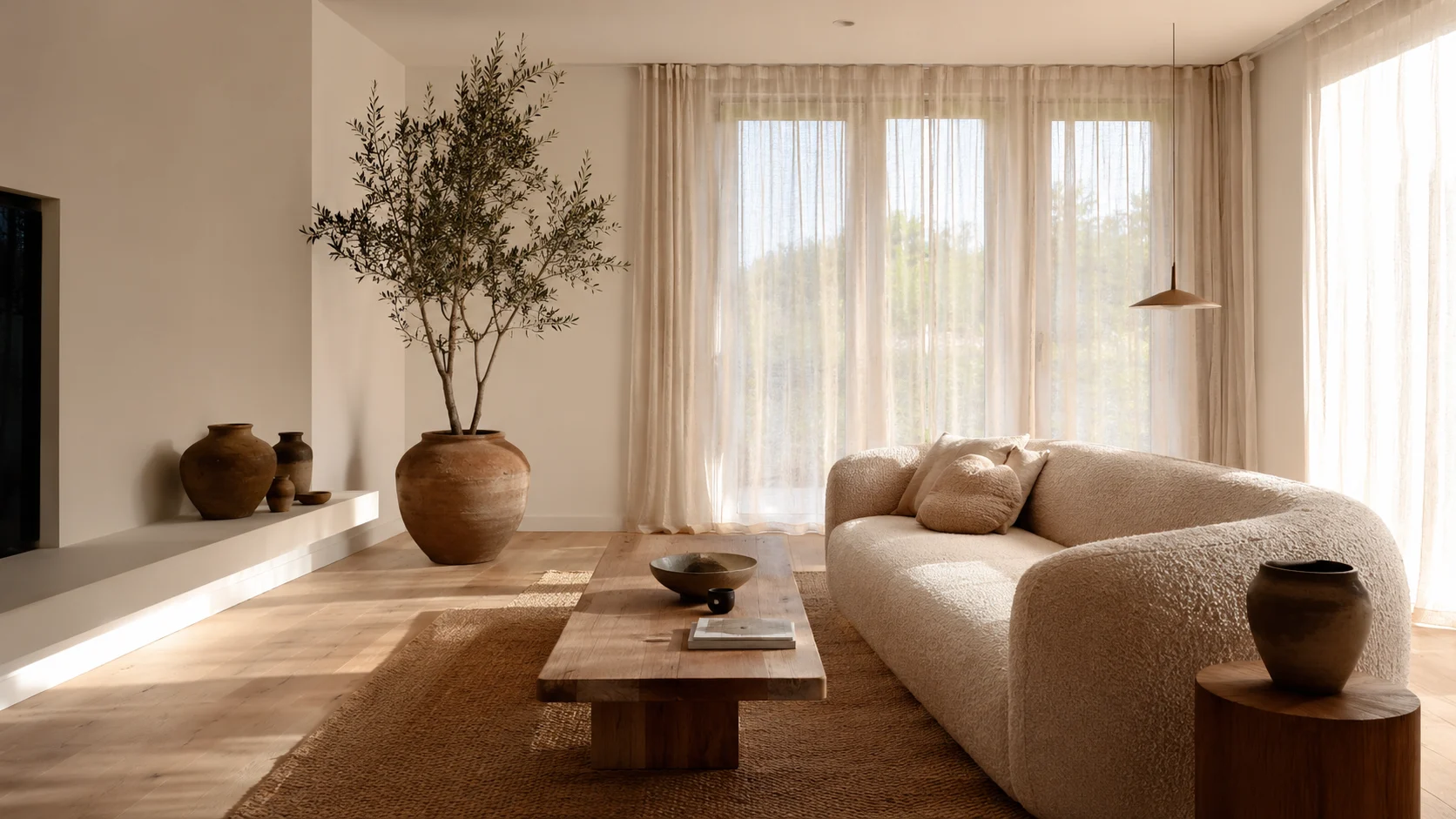 Salon scandinave chaleureux avec parquet en chêne et lumière douce du jour