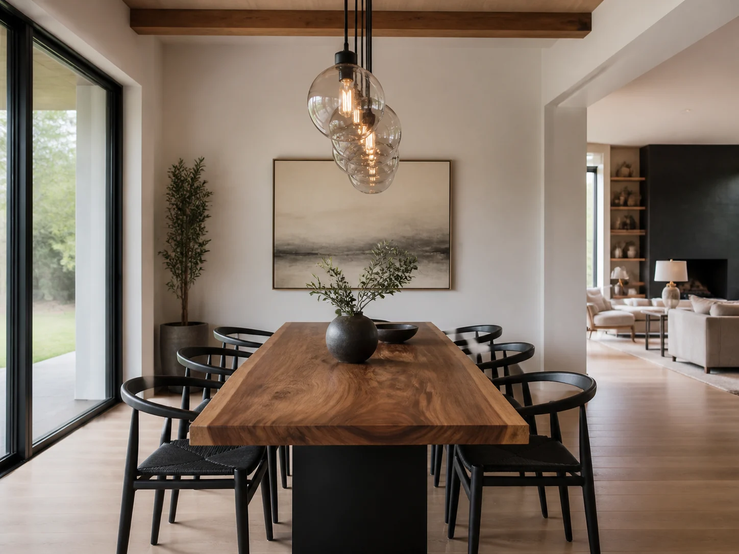 Modernes Esszimmer mit Holztisch mit Baumkante und Pendelbeleuchtung vom KI-Esszimmer-Generator