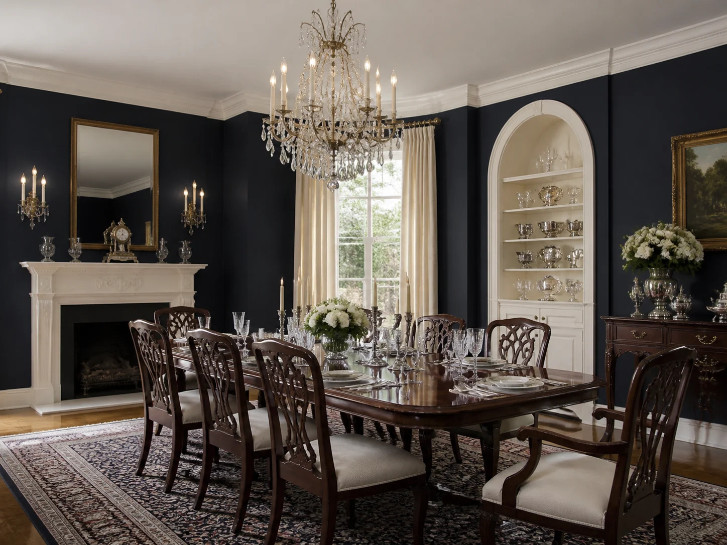 Elegantes klassisches formelles Esszimmer mit Kristallkronleuchter durch den KI-Esszimmer-Generator