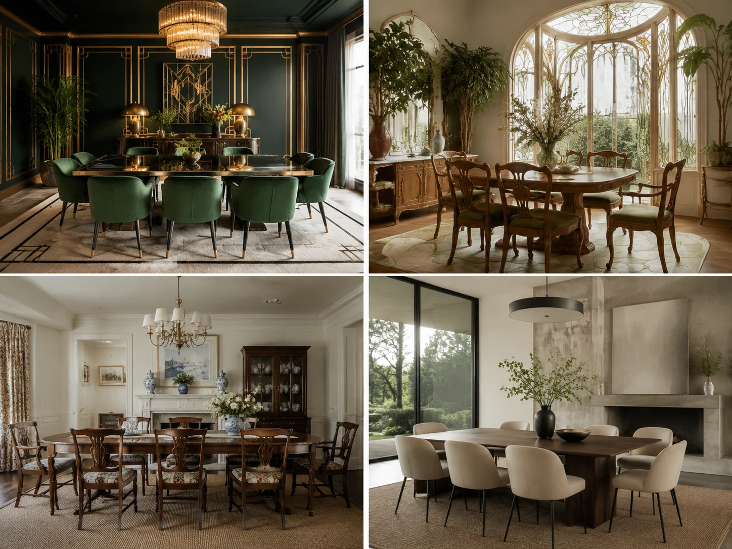 Zestawienie jednej jadalni w stylach art deco, art nouveau i grandmillennial