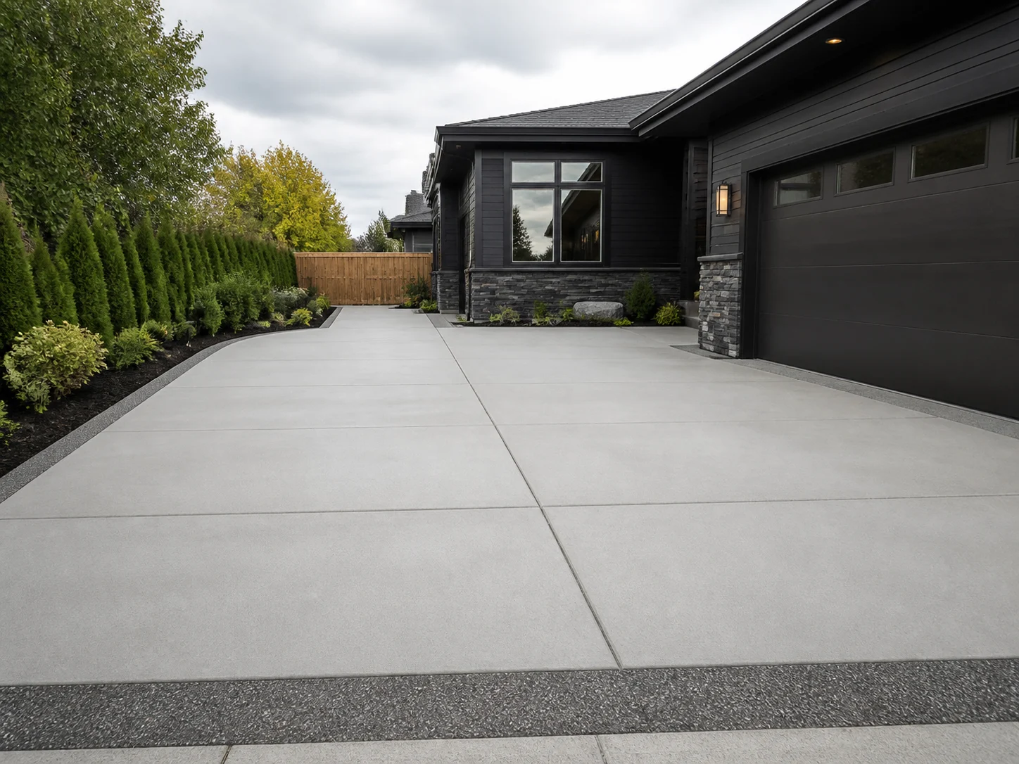 Modern concrete driveway with dark aggregate border
