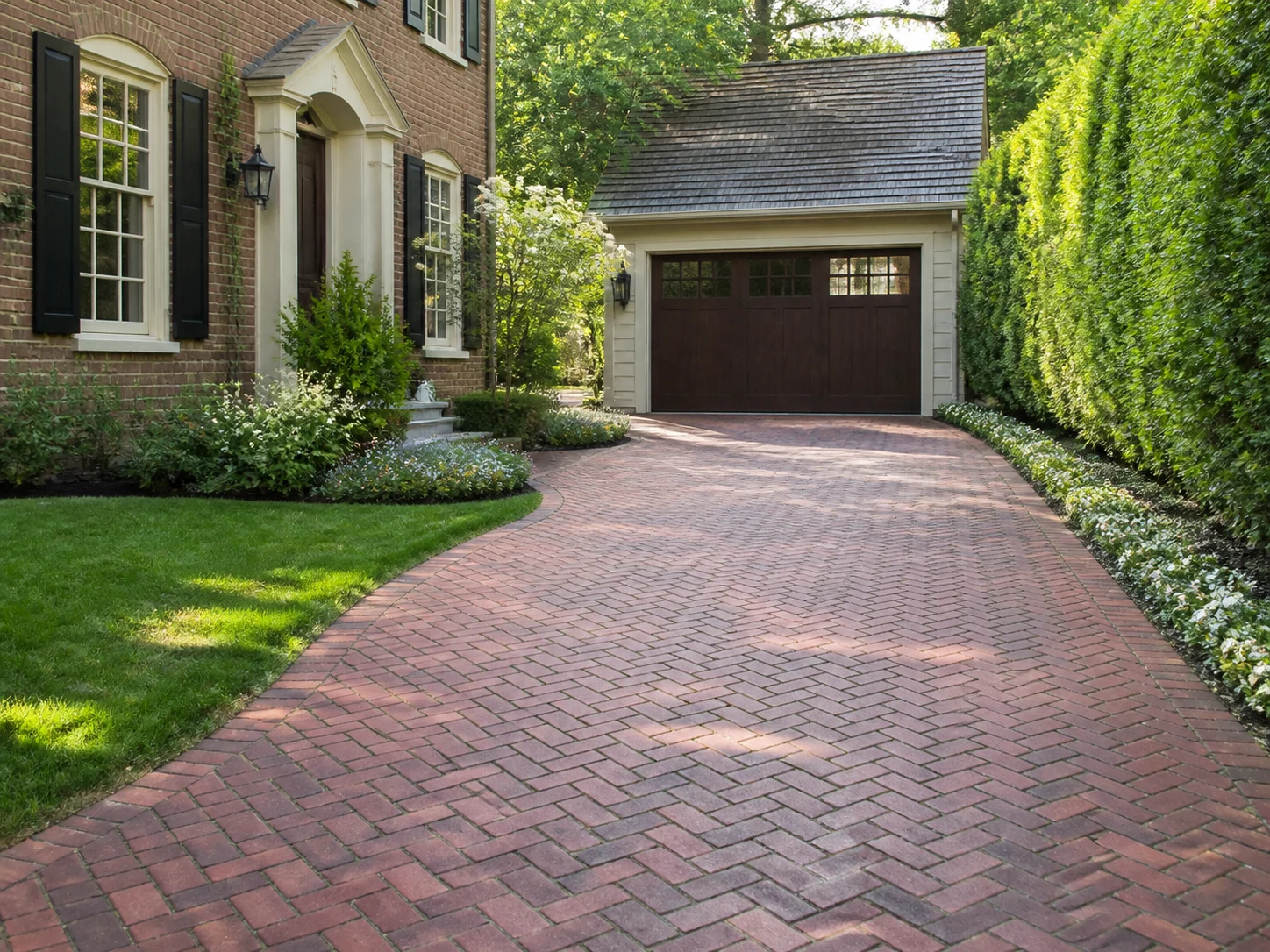 Traditional herringbone brick driveway