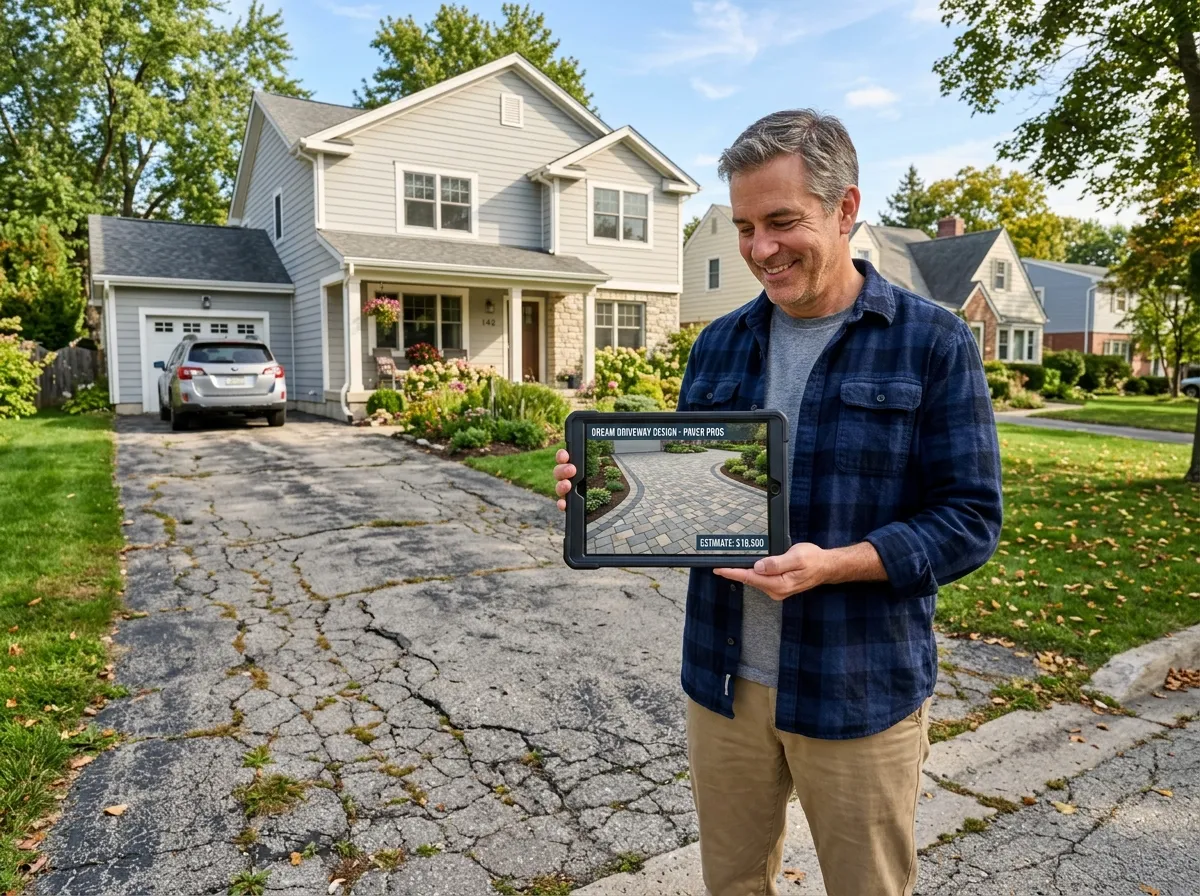Homeowner standing in front of house reviewing AI driveway design on tablet