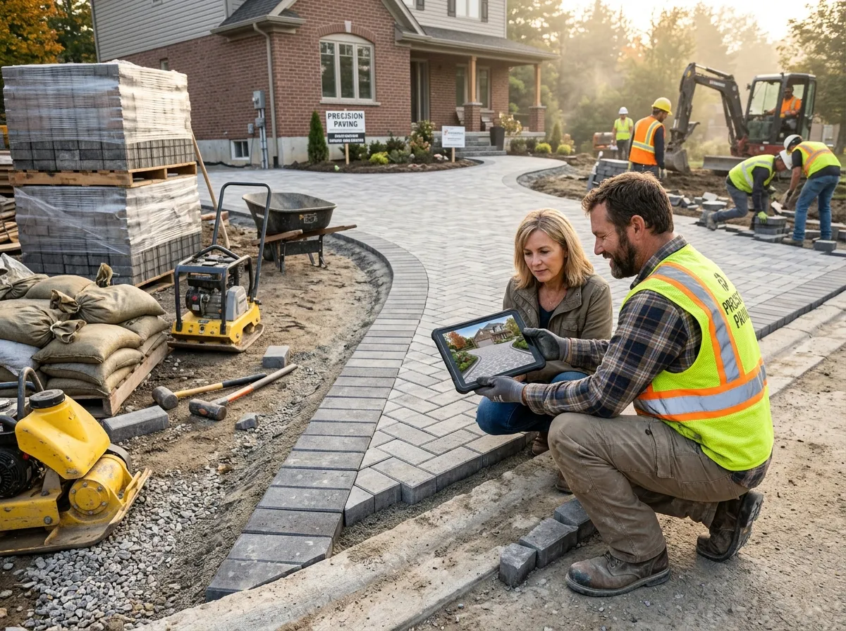 Paving contractor presenting AI driveway design proposal to homeowner at driveway site