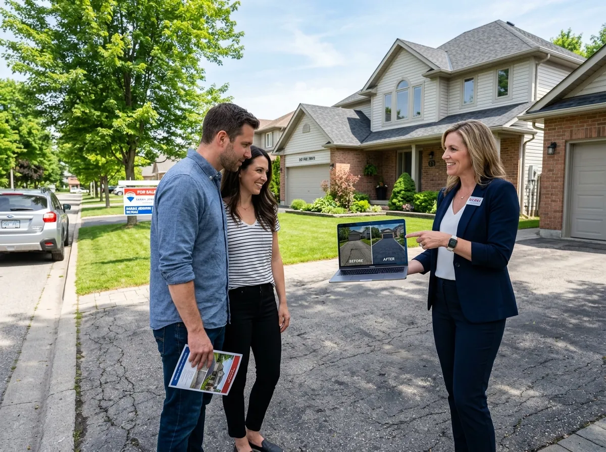 Real estate agent showing AI driveway design upgrade for property listing on laptop