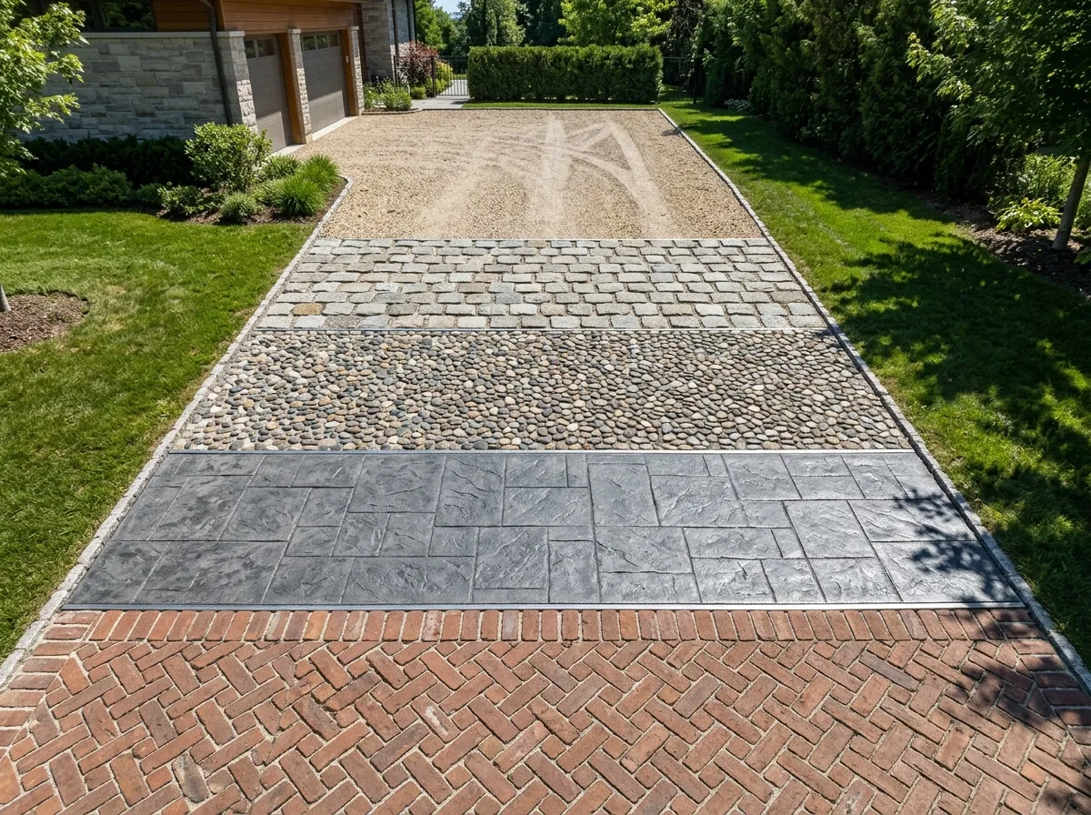 AI driveway design material comparison showing pavers, concrete, and gravel options