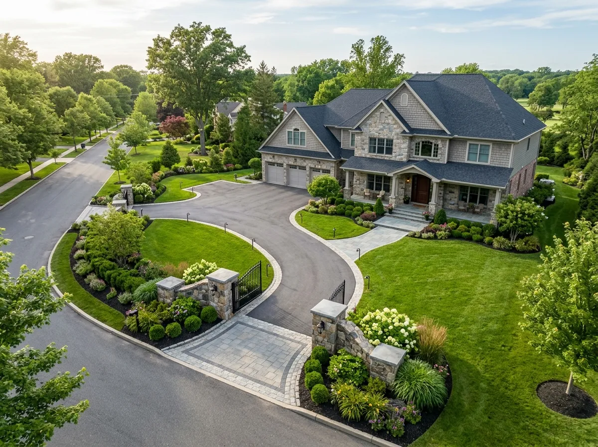 AI driveway design with integrated landscape borders and pathway lighting