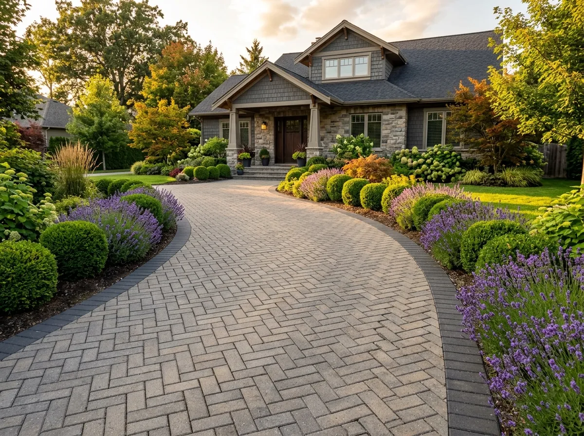 AI driveway design with herringbone interlocking pavers and charcoal border