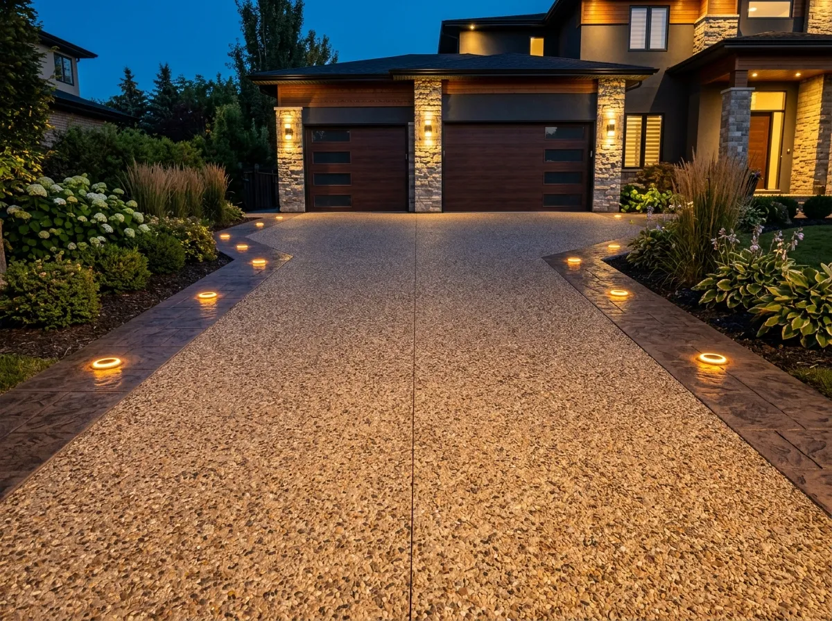 AI driveway design with exposed aggregate concrete and LED edge lighting