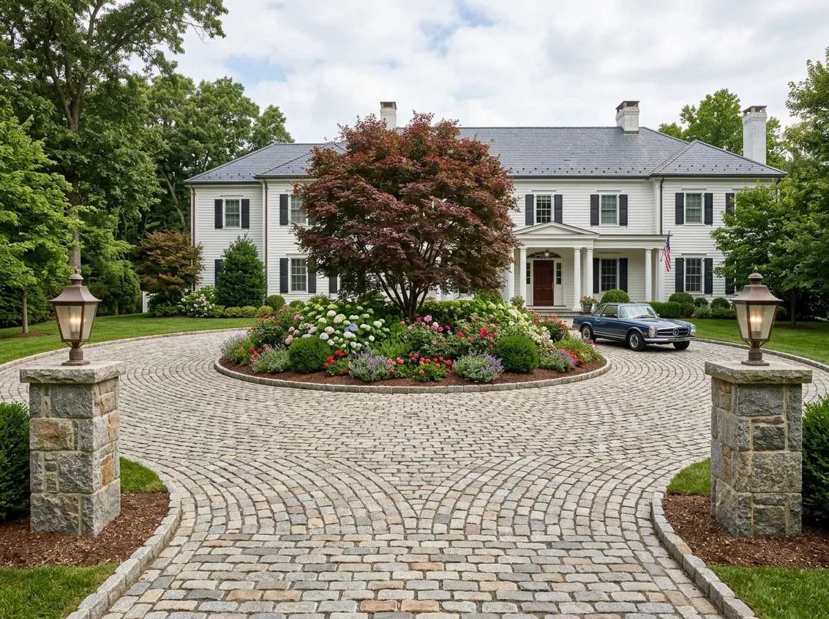 AI driveway design with circular motor court and cobblestone pavers