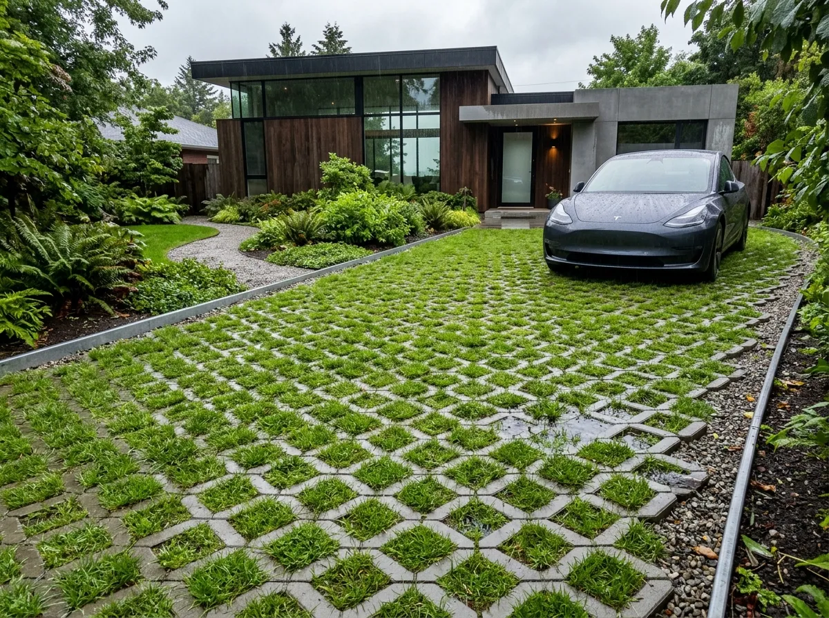 Eco-friendly AI driveway design with permeable grass-grid pavers