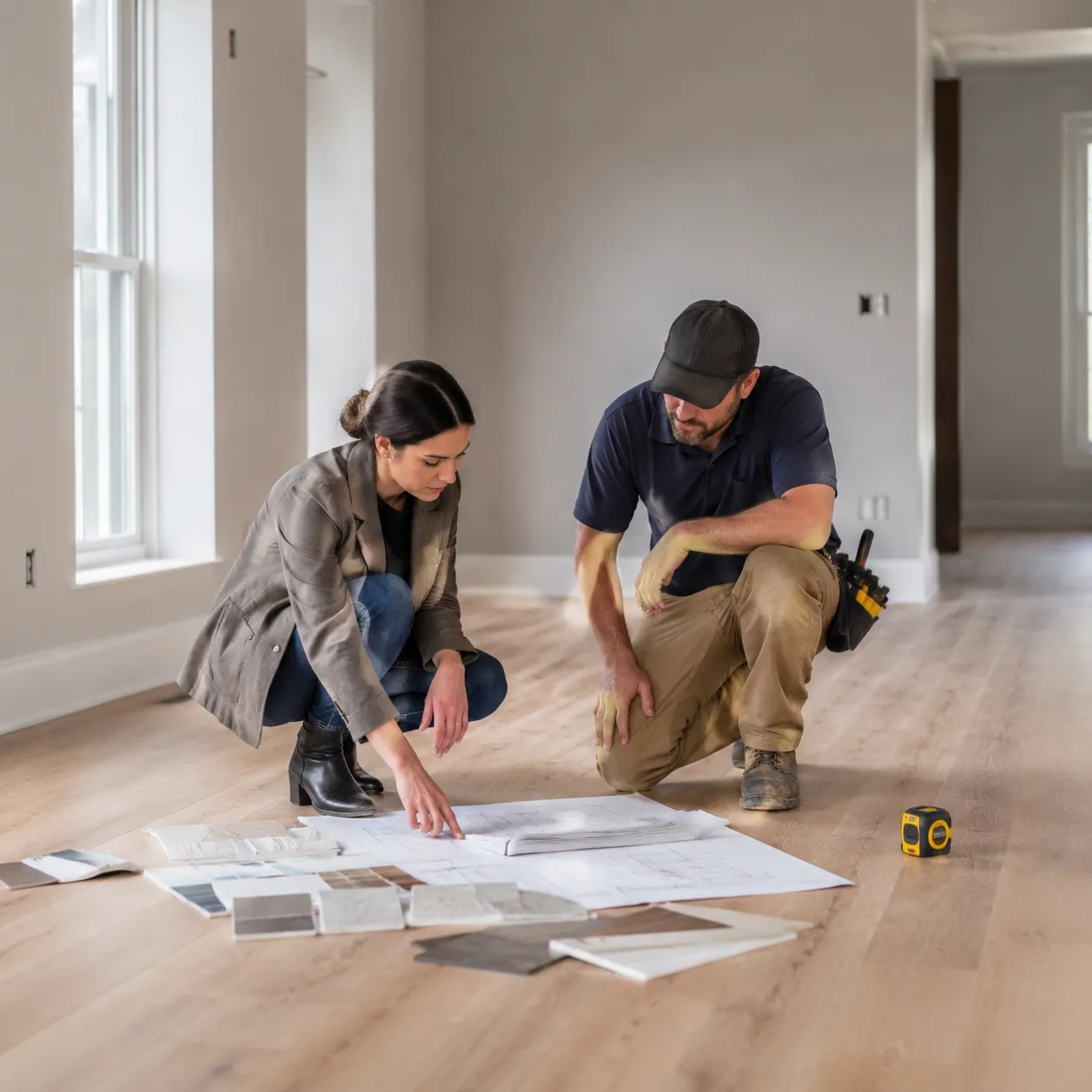 Interior designer using AI furniture removal to plan renovation of empty room