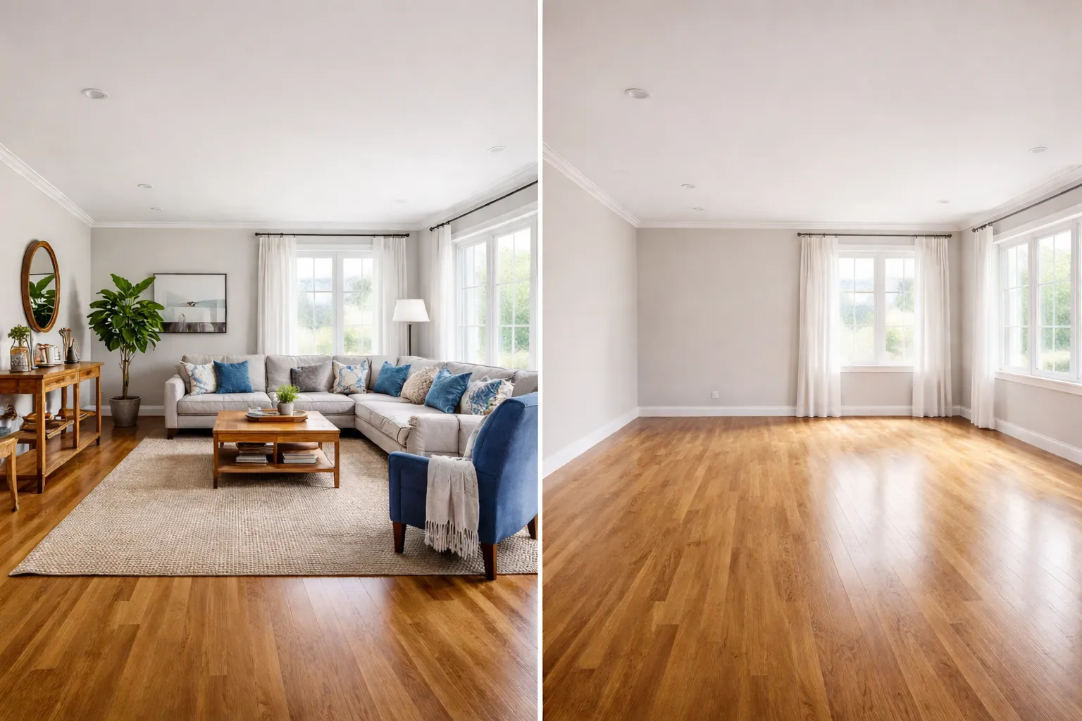 Virtual decluttering AI before and after comparison for real estate photography
