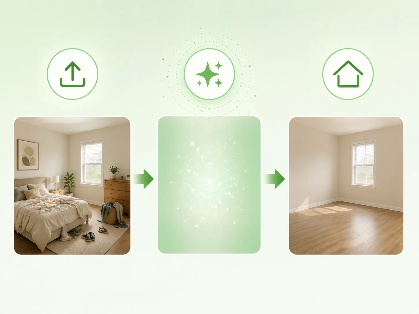 Free AI empty room tool interface showing one-click furniture removal result
