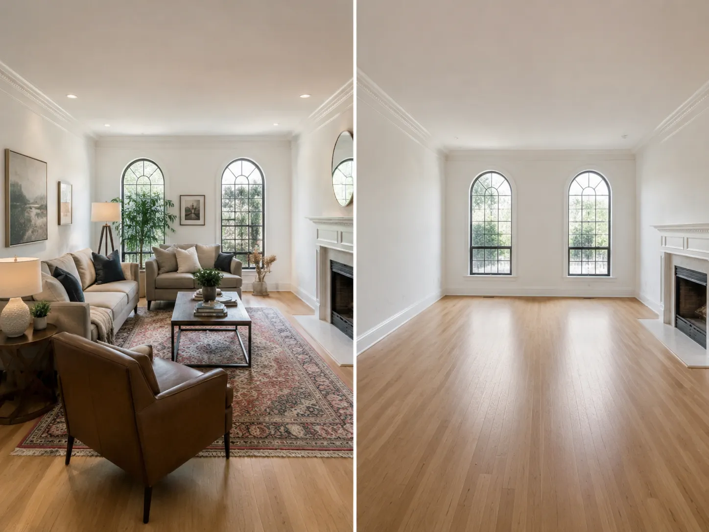 AI empty room before and after: remove furniture from living room photo