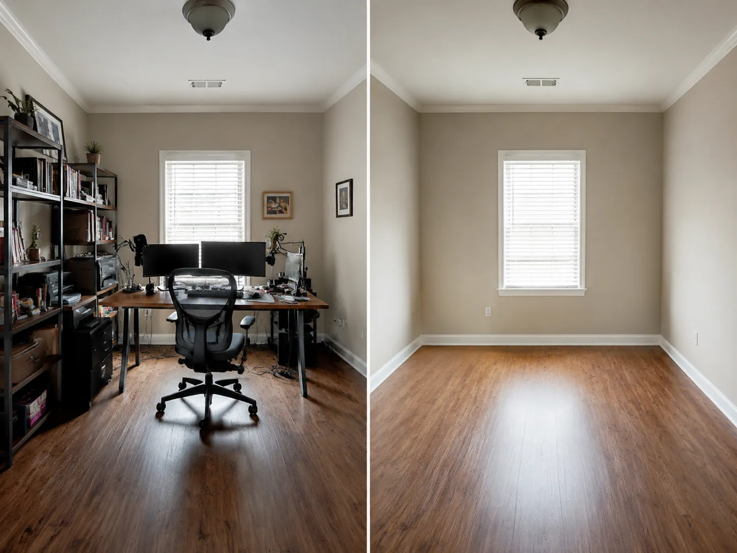 AI furniture removal before and after: declutter room home office to empty space