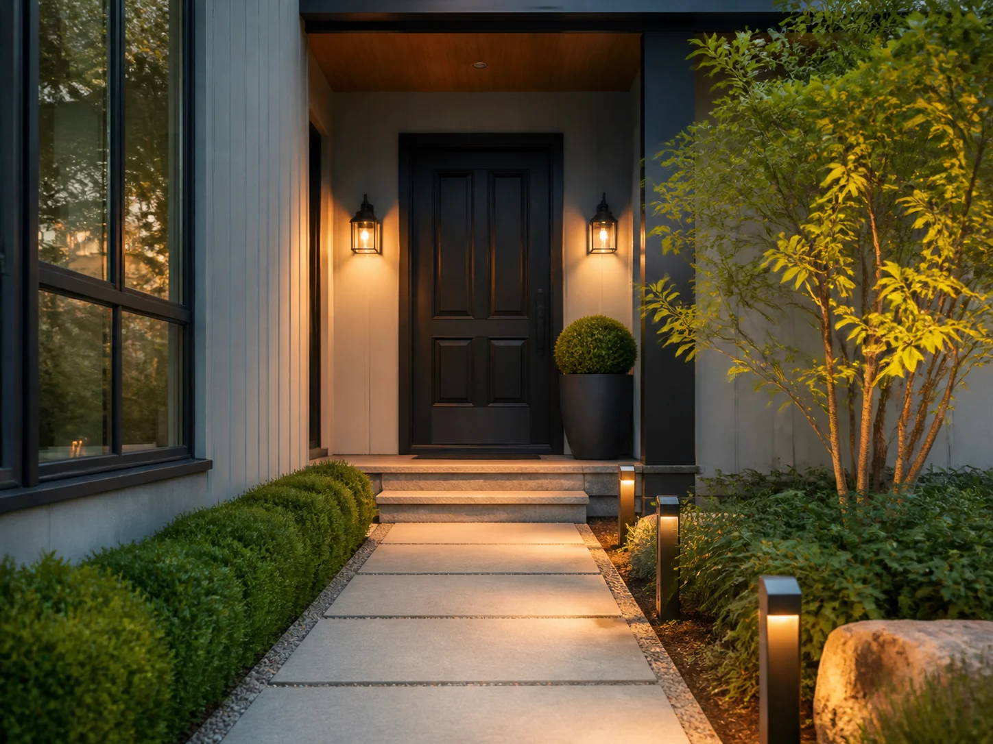 Modern front entryway with paneled door and topiary planters