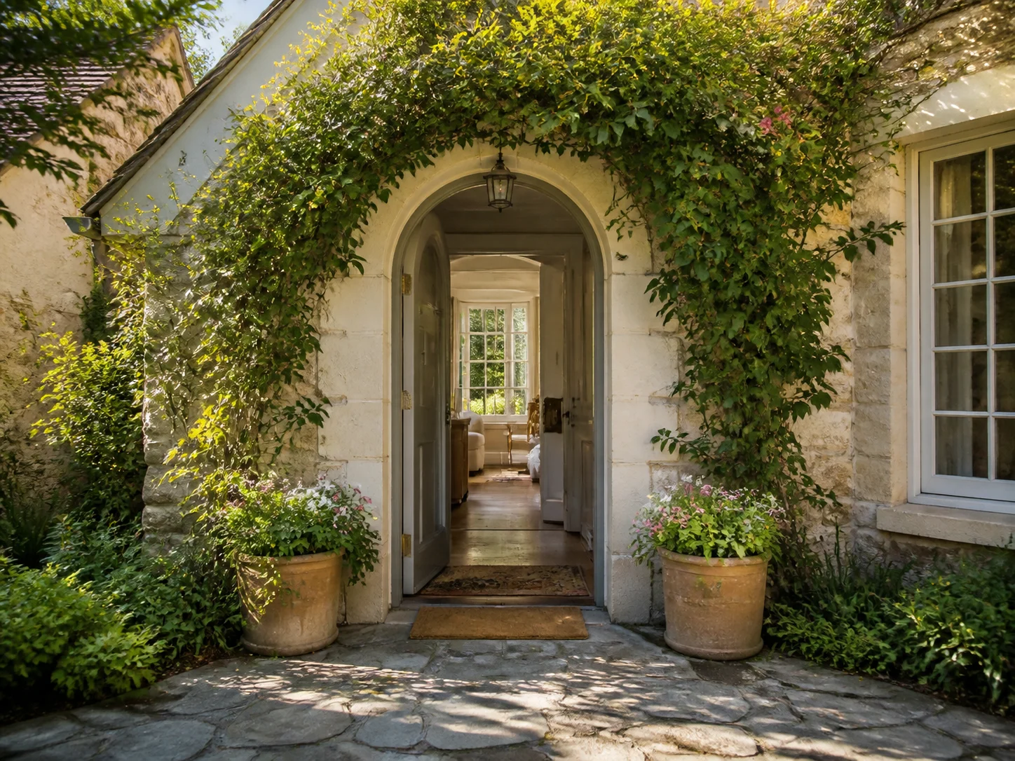 Cottage style entryway with arched doorway and climbing vines